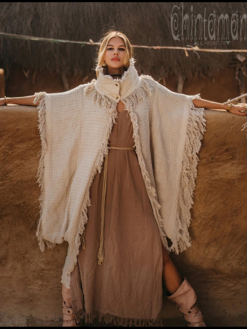 Chintamani Cream Fringe Knit Poncho Coat - Picture 2 of 6